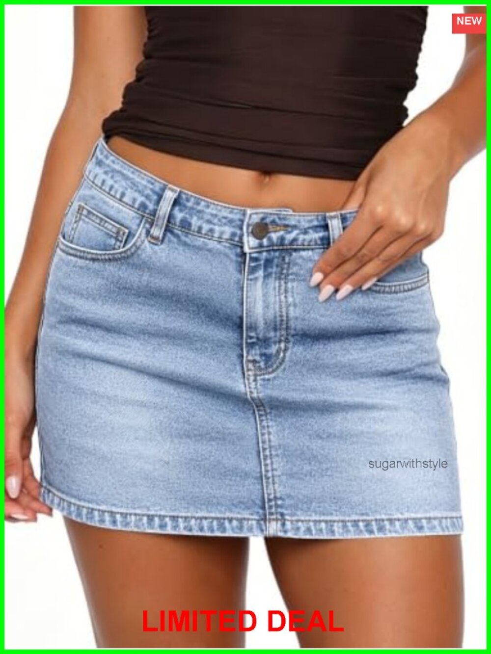Stretch Denim Mini Low Rise Skirt with Pockets
